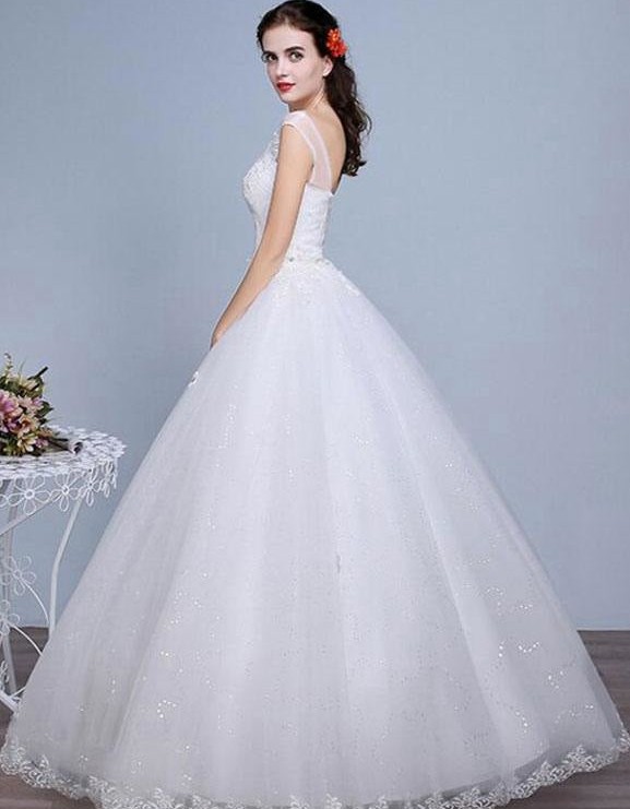 A-Line Floor-Length Bridal Gown with Rhinestones Beaded Flowers Sequins Lace