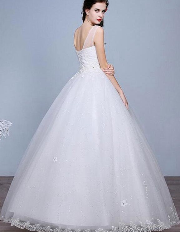 A-Line Floor-Length Bridal Gown with Rhinestones Beaded Flowers Sequins Lace