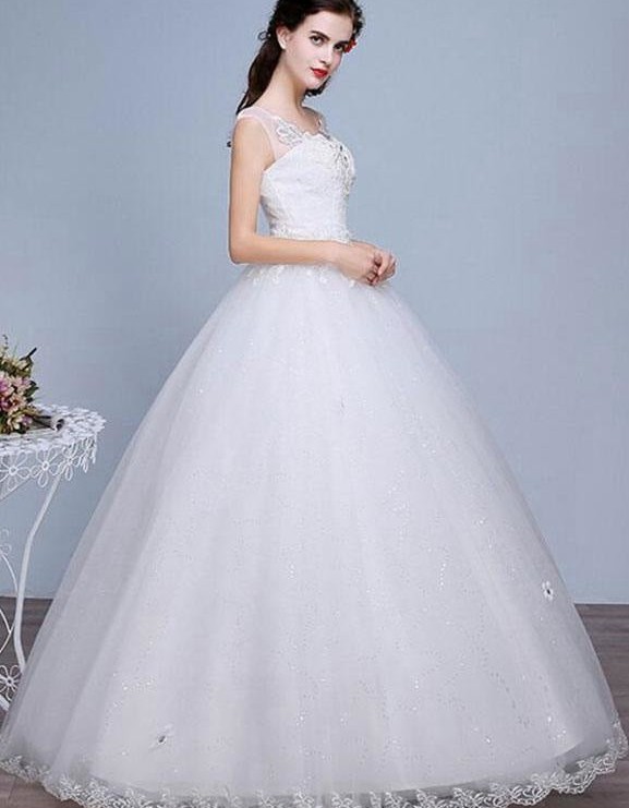 A-Line Floor-Length Bridal Gown with Rhinestones Beaded Flowers Sequins Lace