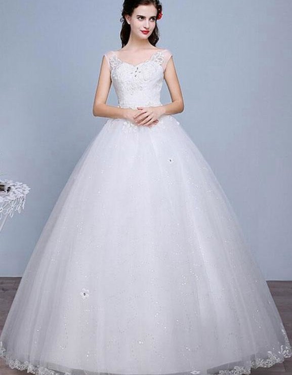 A-Line Floor-Length Bridal Gown with Rhinestones Beaded Flowers Sequins Lace