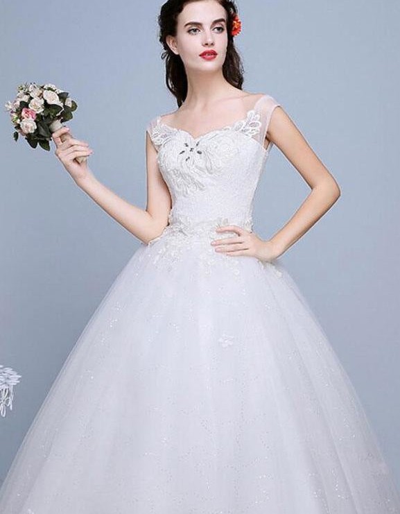 A-Line Floor-Length Bridal Gown with Rhinestones Beaded Flowers Sequins Lace