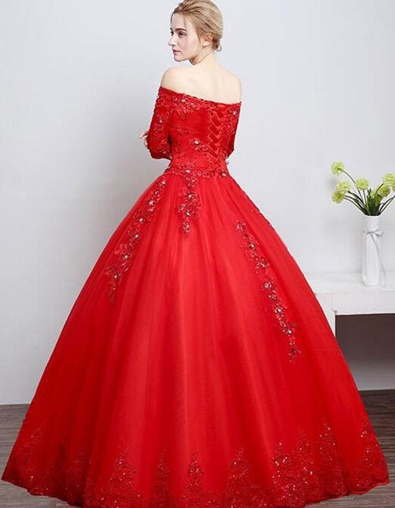 A-Line Bateau Half-Sleeve Sequined Lace-Up Floor-Length Wedding Dress