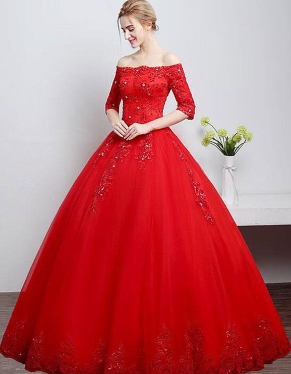 A-Line Bateau Half-Sleeve Sequined Lace-Up Floor-Length Wedding Dress