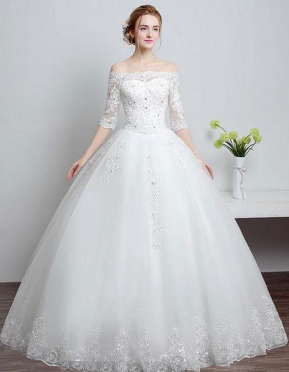 A-Line Bateau Half-Sleeve Sequined Lace-Up Floor-Length Wedding Dress