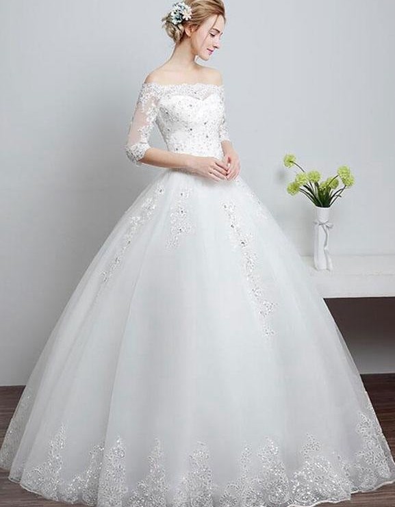 A-Line Bateau Half-Sleeve Sequined Lace-Up Floor-Length Wedding Dress