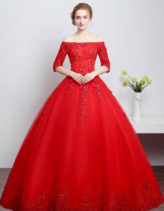 A-Line Bateau Half-Sleeve Sequined Lace-Up Floor-Length Wedding Dress