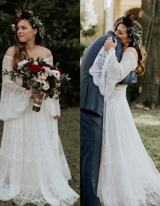 A-Line Off-the-Shoulder Lace Wedding Dress with Court Train Long Sleeves