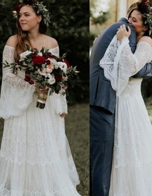 A-Line Off-the-Shoulder Lace Wedding Dress with Court Train Long Sleeves