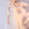 A-Line Jewel Neck Tea-Length Bridal Dress with Lace Flowers Buttons