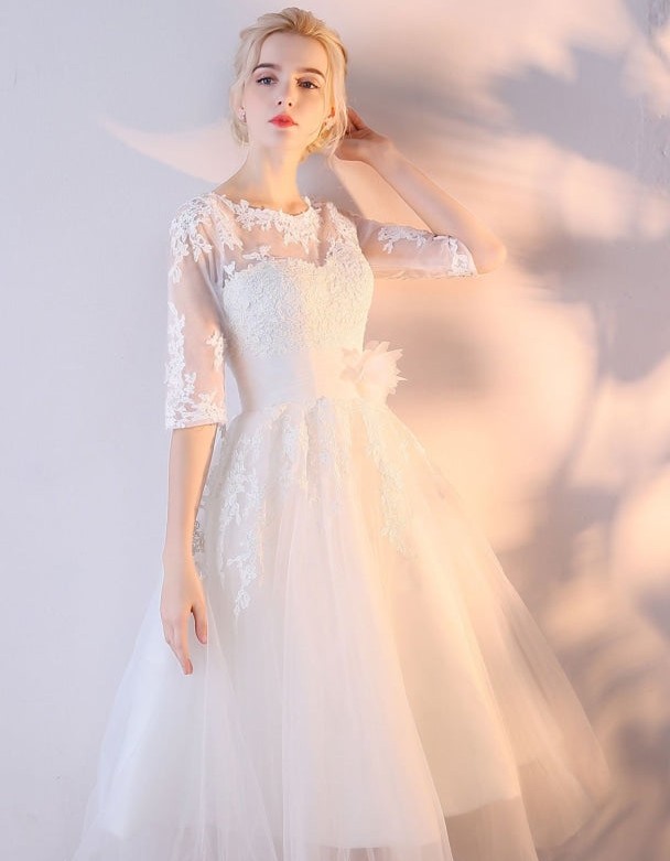 A-Line Jewel Neck Tea-Length Bridal Dress with Lace Flowers Buttons