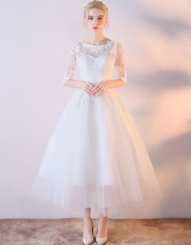 A-Line Jewel Neck Tea-Length Bridal Dress with Lace Flowers Buttons