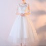 A-Line Jewel Neck Tea-Length Bridal Dress with Lace Flowers Buttons