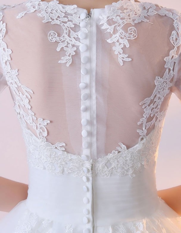 A-Line Jewel Neck Tea-Length Bridal Dress with Lace Flowers Buttons