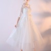 A-Line Jewel Neck Tea-Length Bridal Dress with Lace Flowers Buttons