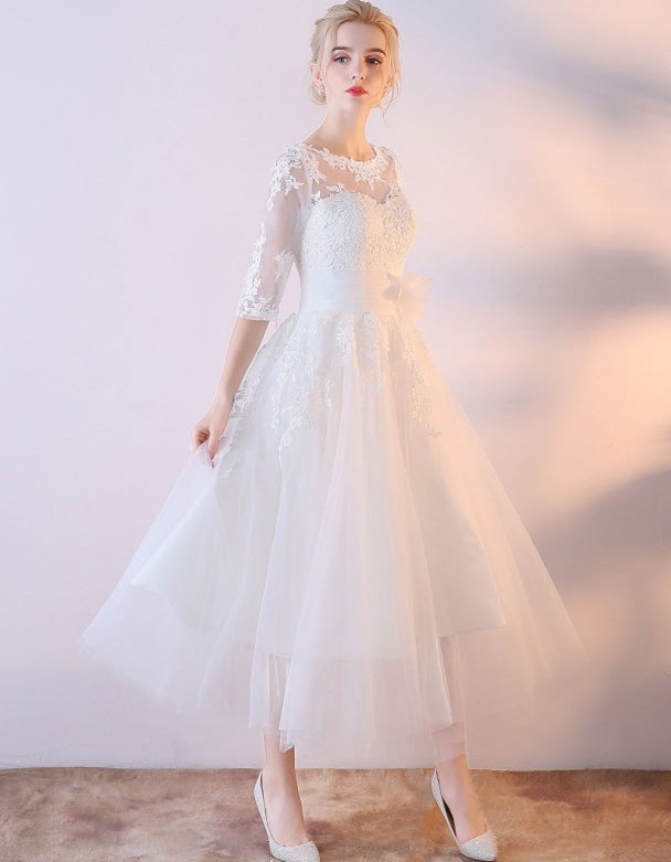 A-Line Jewel Neck Tea-Length Bridal Dress with Lace Flowers Buttons