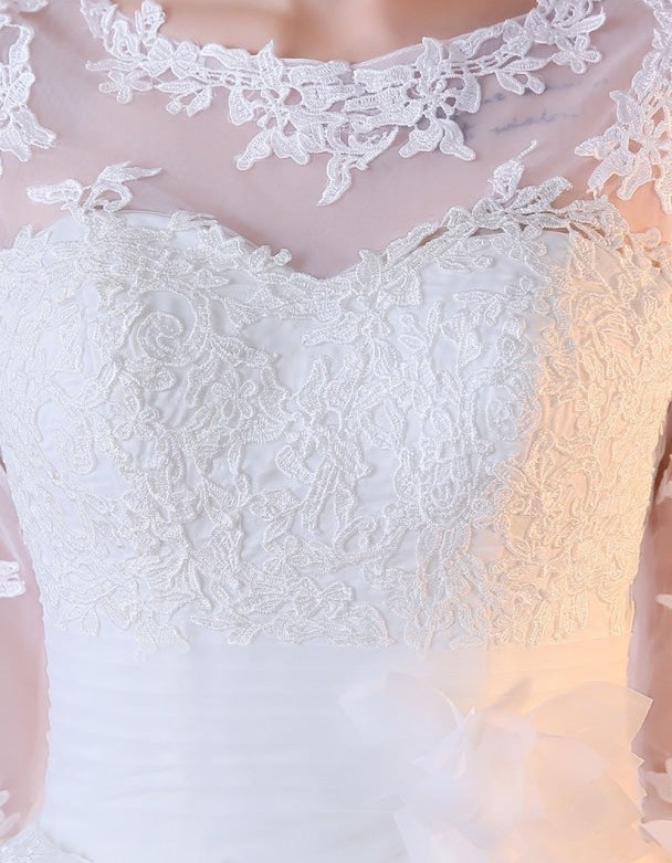 A-Line Jewel Neck Tea-Length Bridal Dress with Lace Flowers Buttons