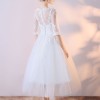 A-Line Jewel Neck Tea-Length Bridal Dress with Lace Flowers Buttons