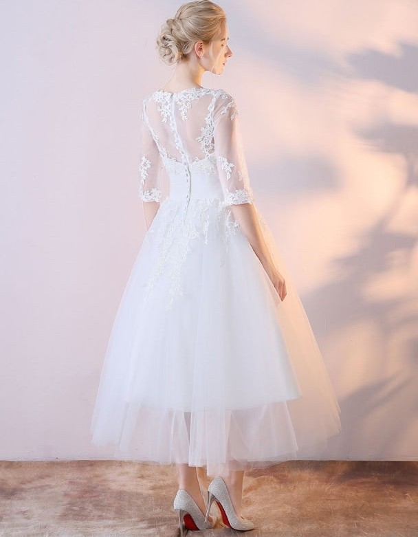 A-Line Jewel Neck Tea-Length Bridal Dress with Lace Flowers Buttons