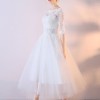 A-Line Jewel Neck Tea-Length Bridal Dress with Lace Flowers Buttons