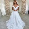 A-line Off-the-Shoulder Satin Wedding Dress with Ruffles Sweep Train