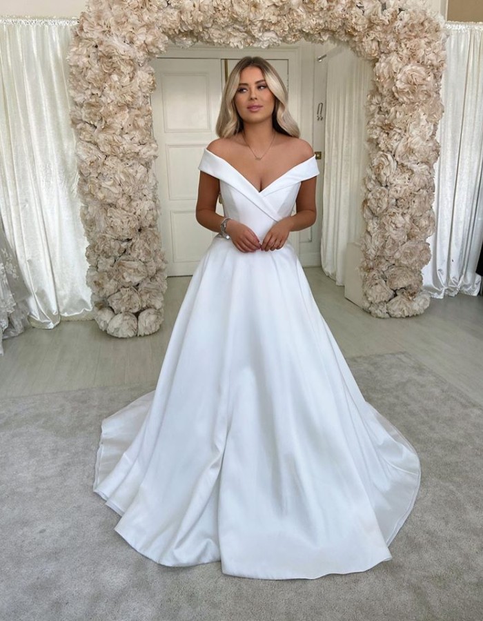 A-line Off-the-Shoulder Satin Wedding Dress with Ruffles Sweep Train