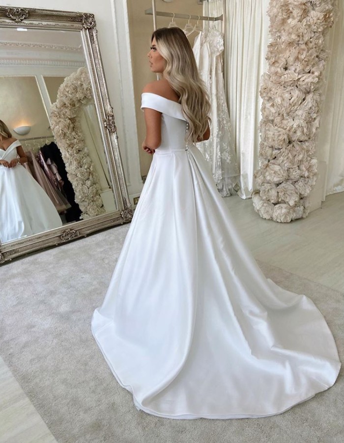 A-line Off-the-Shoulder Satin Wedding Dress with Ruffles Sweep Train