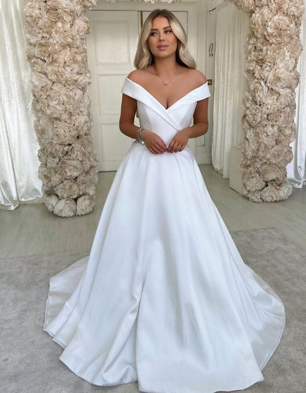 A-line Off-the-Shoulder Satin Wedding Dress with Ruffles Sweep Train
