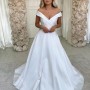 A-line Off-the-Shoulder Satin Wedding Dress with Ruffles Sweep Train
