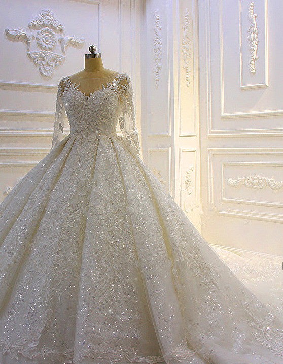 3D Lace Appliques Long Sleeve Ball Gown Tulle Wedding Dress