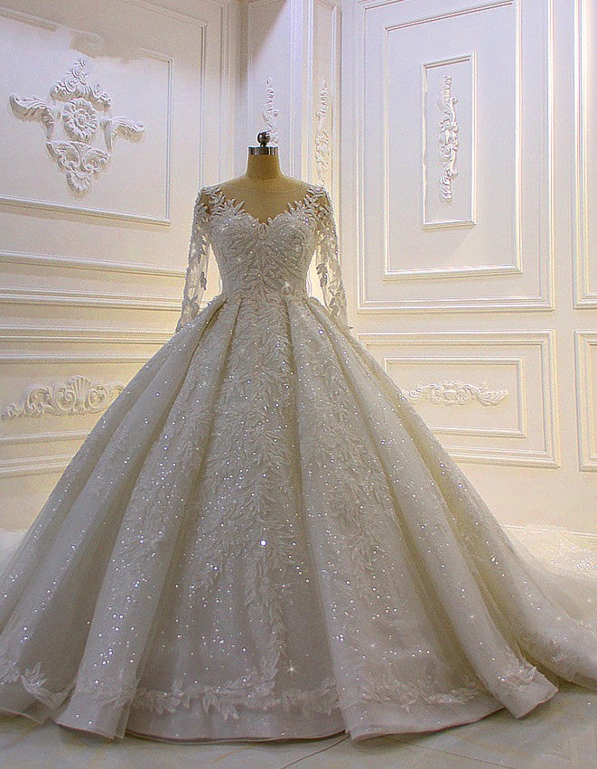 3D Lace Appliques Long Sleeve Ball Gown Tulle Wedding Dress