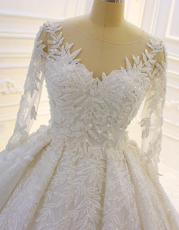 3D Lace Appliques Long Sleeve Ball Gown Tulle Wedding Dress