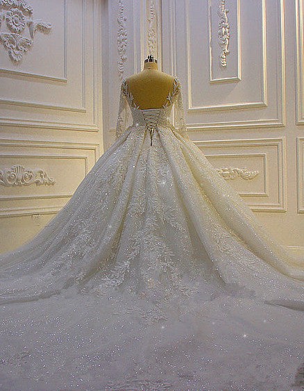 3D Lace Appliques Long Sleeve Ball Gown Tulle Wedding Dress