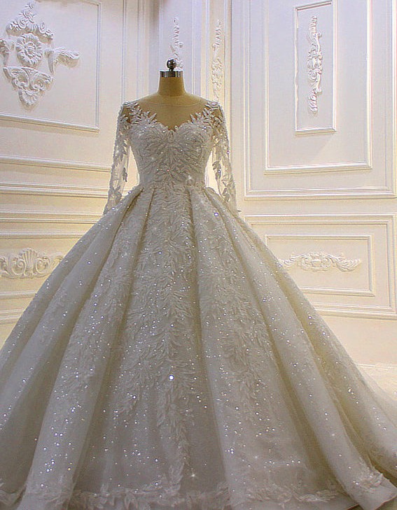 3D Lace Appliques Long Sleeve Ball Gown Tulle Wedding Dress