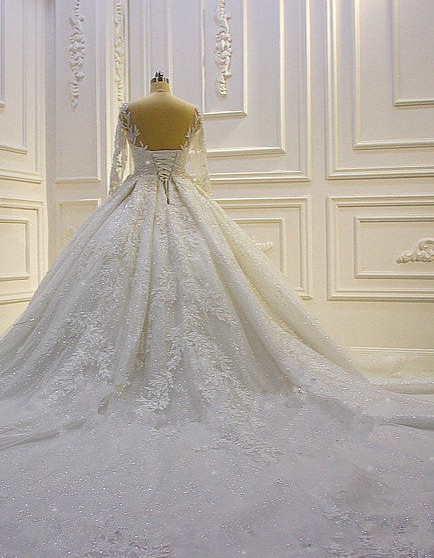 3D Lace Appliques Long Sleeve Ball Gown Tulle Wedding Dress