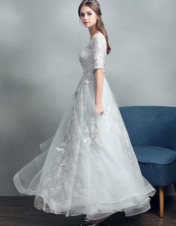 A-Line Jewel Neck Tulle Half-Sleeve Floor-Length Lace Bridal Gown