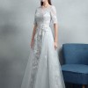 A-Line Jewel Neck Tulle Half-Sleeve Floor-Length Lace Bridal Gown