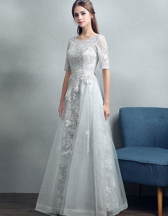 A-Line Jewel Neck Tulle Half-Sleeve Floor-Length Lace Bridal Gown