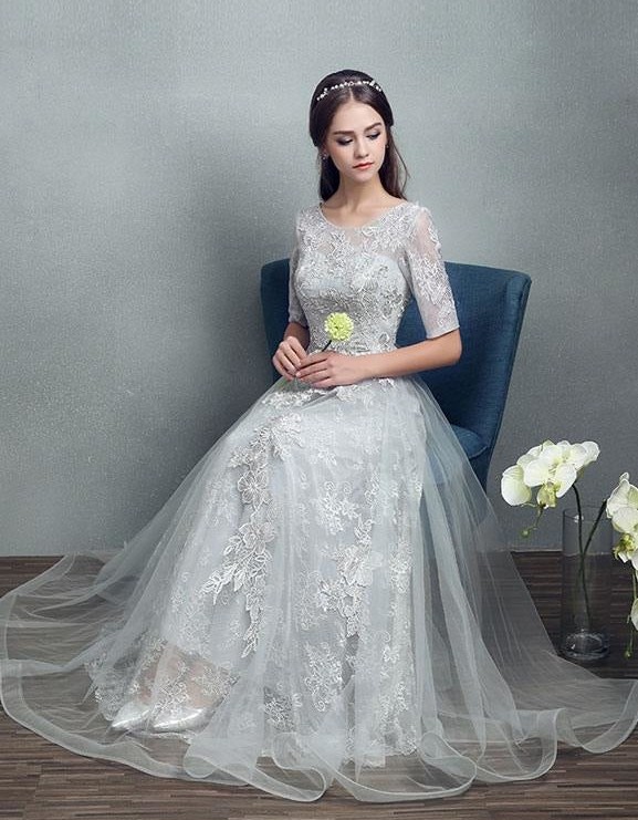 A-Line Jewel Neck Tulle Half-Sleeve Floor-Length Lace Bridal Gown