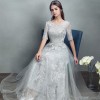 A-Line Jewel Neck Tulle Half-Sleeve Floor-Length Lace Bridal Gown
