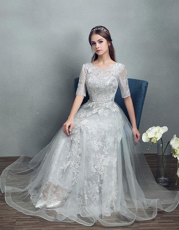 A-Line Jewel Neck Tulle Half-Sleeve Floor-Length Lace Bridal Gown