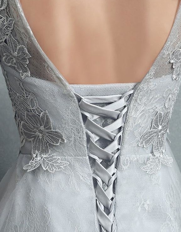 A-Line Jewel Neck Tulle Half-Sleeve Floor-Length Lace Bridal Gown