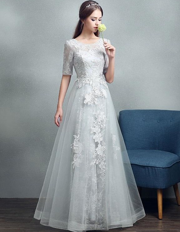 A-Line Jewel Neck Tulle Half-Sleeve Floor-Length Lace Bridal Gown