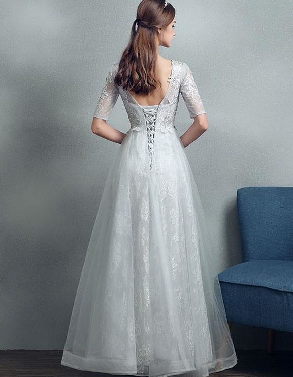 A-Line Jewel Neck Tulle Half-Sleeve Floor-Length Lace Bridal Gown