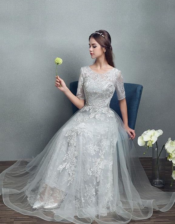 A-Line Jewel Neck Tulle Half-Sleeve Floor-Length Lace Bridal Gown