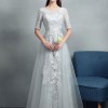 A-Line Jewel Neck Tulle Half-Sleeve Floor-Length Lace Bridal Gown