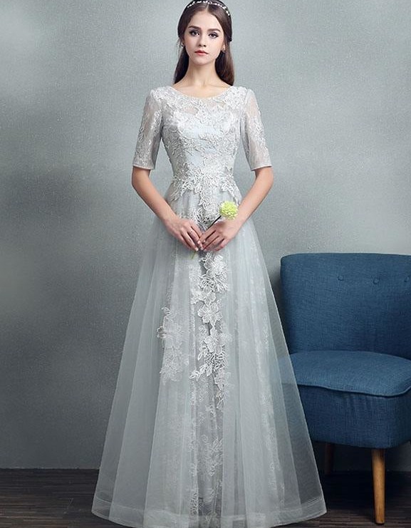 A-Line Jewel Neck Tulle Half-Sleeve Floor-Length Lace Bridal Gown