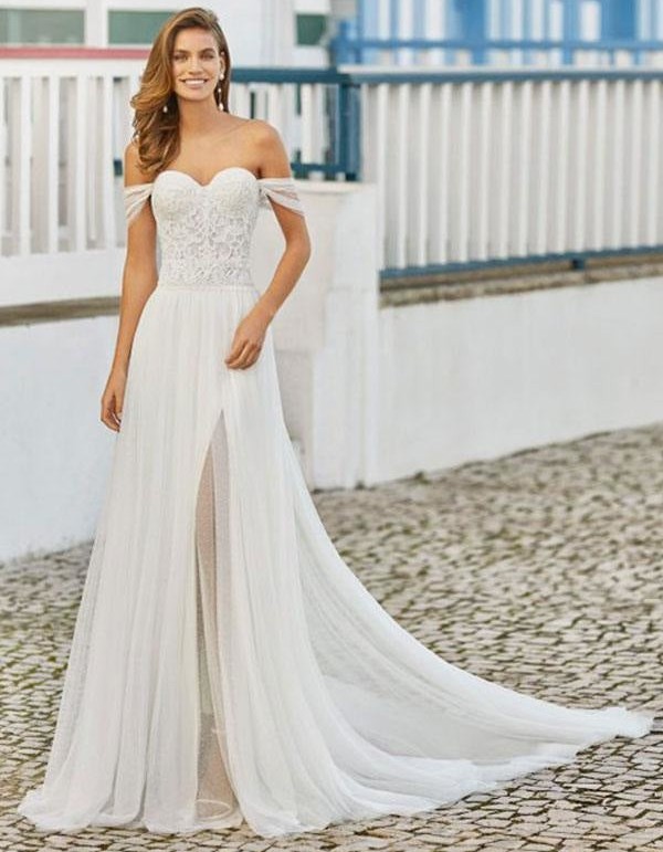A-Line Floor-Length Sleeveless Beaded Sweetheart Tulle Bridal Gown with Train