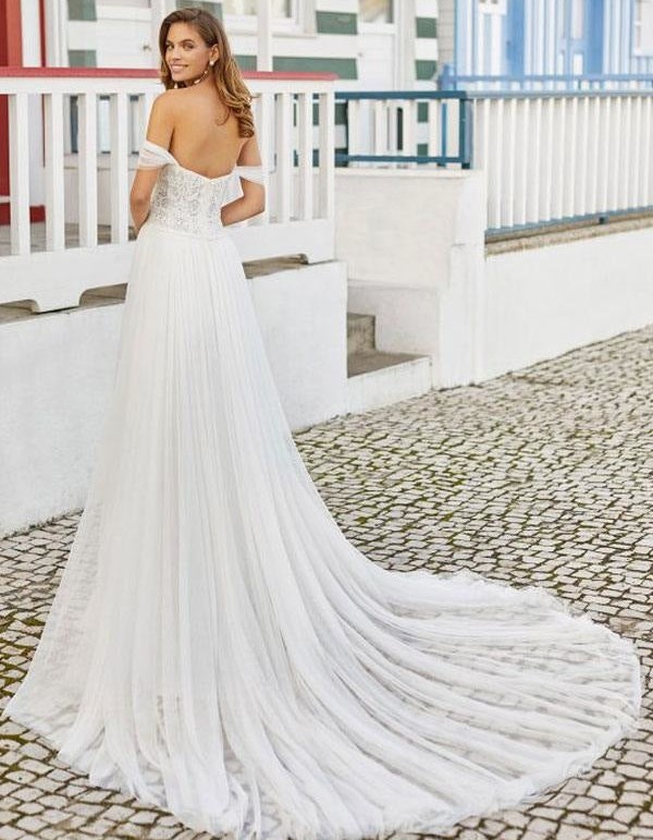 A-Line Floor-Length Sleeveless Beaded Sweetheart Tulle Bridal Gown with Train