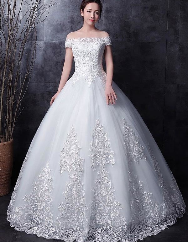 A-Line Bateau Tulle Bridal Gown with Embroidered Applique and Lace-up Back
