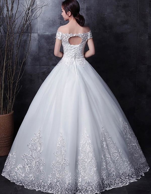 A-Line Bateau Tulle Bridal Gown with Embroidered Applique and Lace-up Back